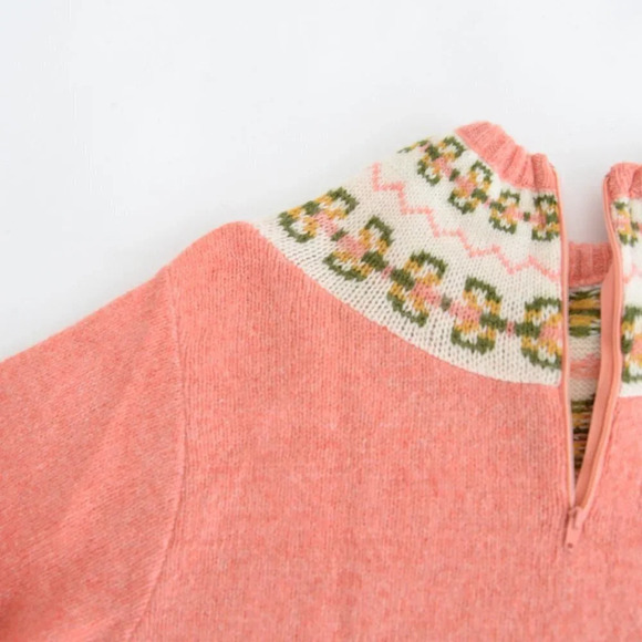 Handknit Handmade Coral Fair Isle Icelandic Fisherman Knit Sweater - Picture 8 of 11
